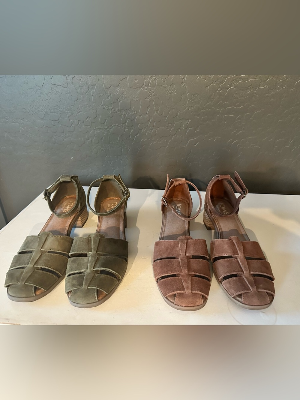 TOMS Suede Ankle-Strap Heels in Olive and Mauve (PAIR)